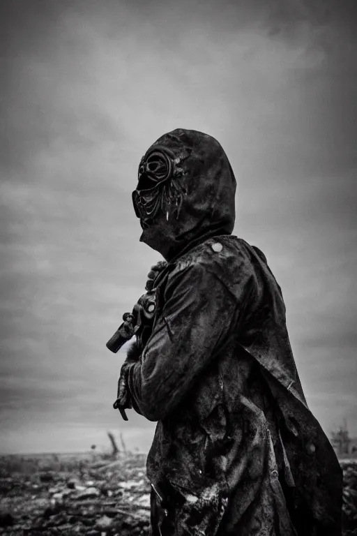 Prompt: the grotesque masked face of the watcher standing in a post apocalyptic wasteland, epic scene, dark, wet, dismal, grotesque mask, horror vibe, twilight, dark, dusk, stormy, black and white, atmospheric, moody lighting, grainy, gritty, epic