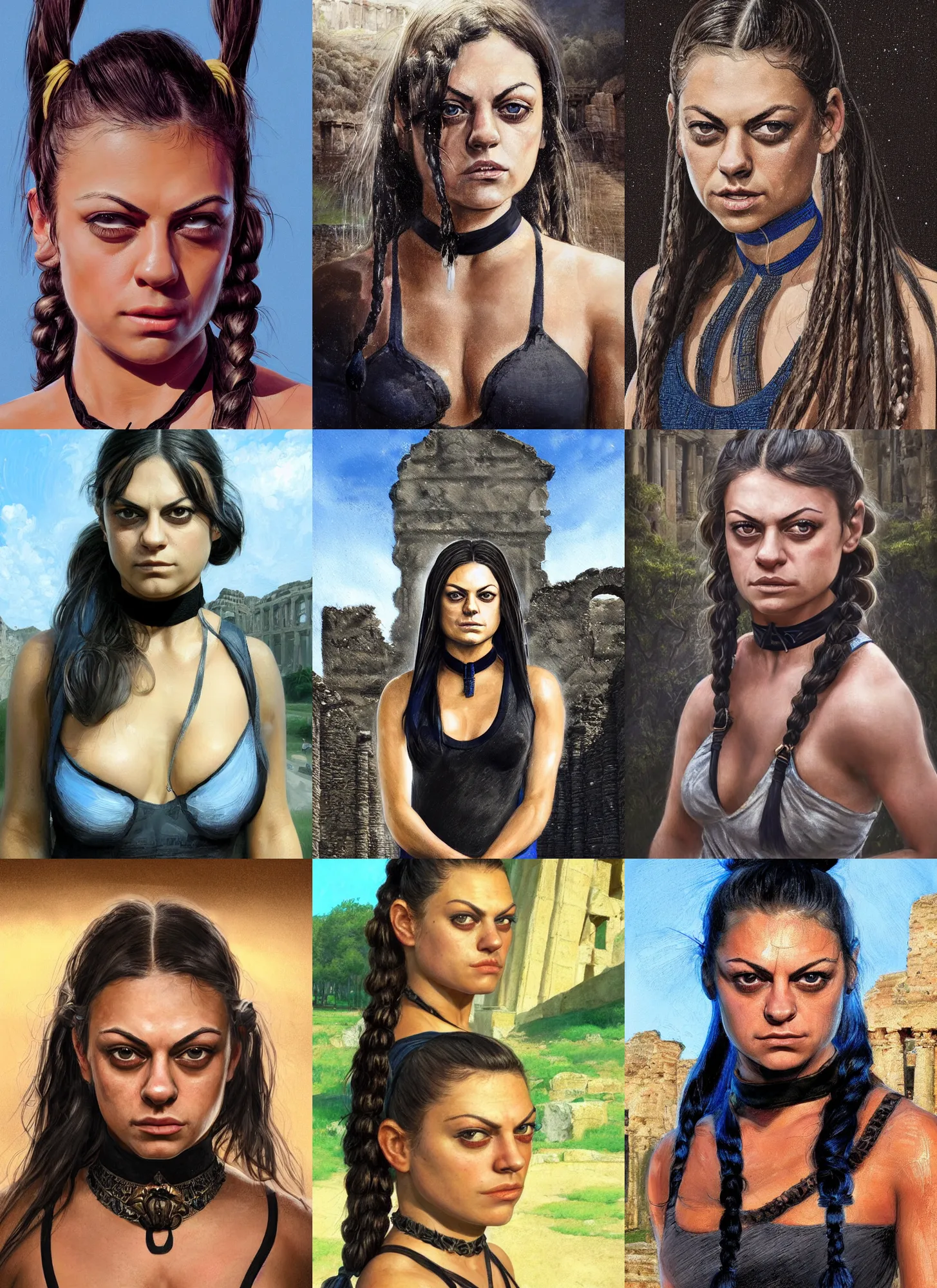 Prompt: portrait of young very muscled Mila Kunis with pigtails hair and bright blue squinting eyes looking directly into the camera, mouth slightly open, wearing intricate black choker, walking sweaty out epic ancient ruins, golden hour, elegant, highly detailed, centered, sharp digital painting, artstation, concept art, smooth, sharp focus, illustration, Allan Lee, John Howe