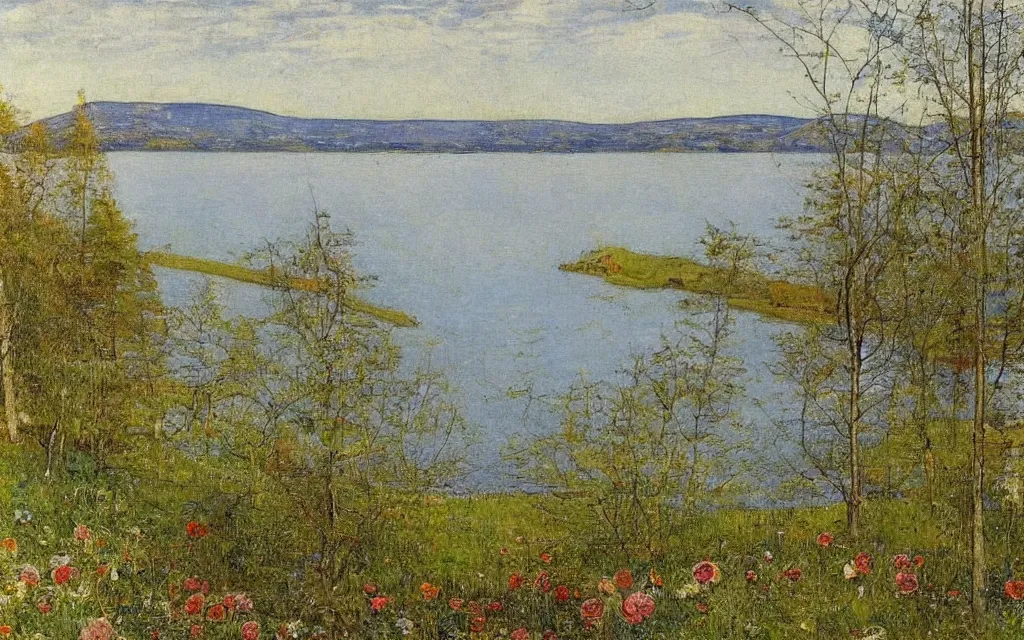 Image similar to a painting of large lake in norway, spring, oil on canvas, by carl larsson