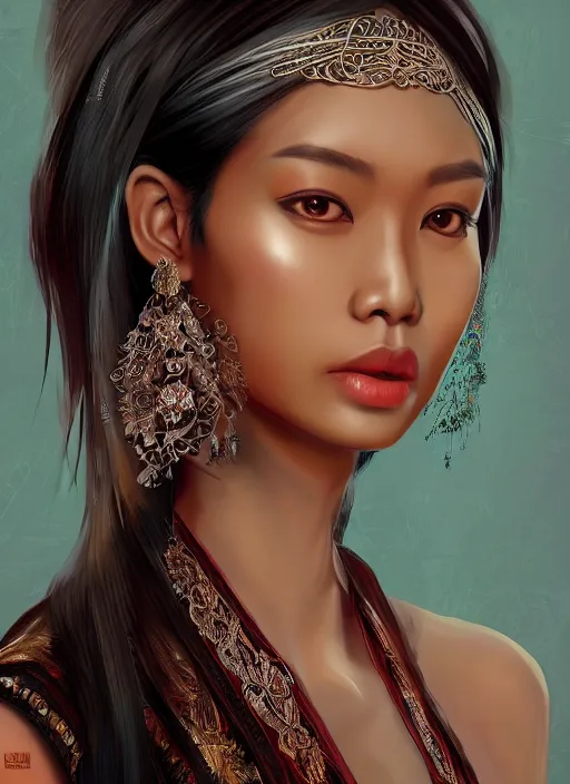 Image similar to portrait of an indonesian supermodels wearing traditional costume, highly detailed, digital painting, artstation, concept art, sharp focus, illustration