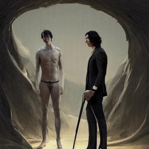 Image similar to painting of both john oliver and adam driver together, john oliver, adam driver, full body, elegant, beautiful, highly detailed, centered, dark, smokey, digital painting, concept art, smooth, sharp focus, illustration, deviant art, art by greg rutkowski, karol bak and peter mohrbacher