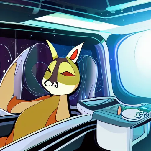 Image similar to an anthropomorphic kangaroo in a spaceship, interior photo, anime style, futuristic, cell shading high resolution