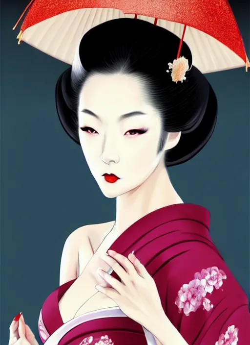 Prompt: glamorous and sexy Geisha, beautiful pale makeup, pearlescent skin, seductive eyes and face, elegant Japanese woman, lascivious pose, very detailed face, seductive, sexy push up bras, pale and coloured kimono, soft and diffuse autumn lights, photorealism, official fanart behance hd artstation by Jesper Ejsing, by RHADS, Makoto Shinkai and Lois van baarle, ilya kuvshinov, rossdraws