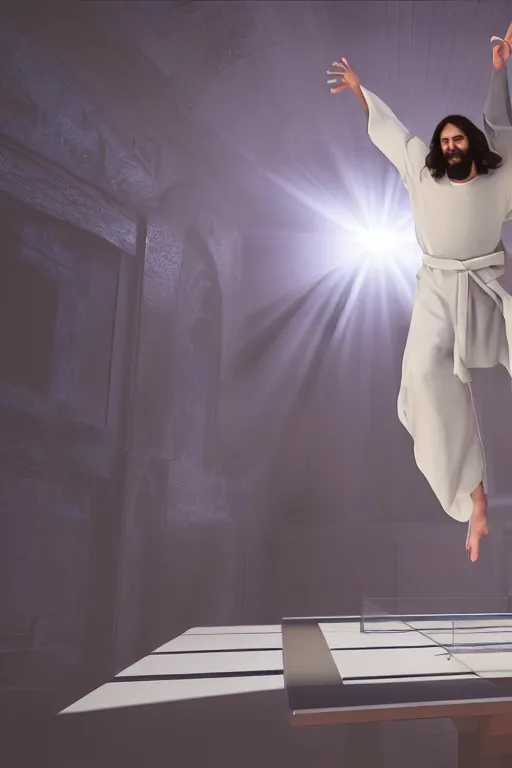 Prompt: jesus christ wearing a white robe strikes a dance pose in a hospital while playing epic game of ping pong, intricate, hyper detailed, accent lighting, dramatic light, 4 k octane render