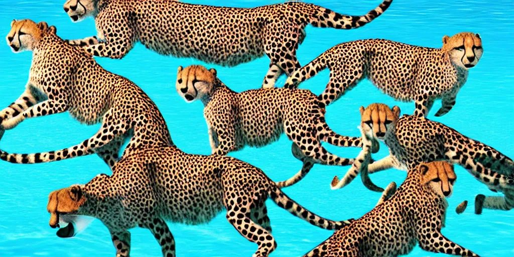 Image similar to Group of cheetahs running underwater, Artstation Trending, cgsociety, high quality, very coherent, ultra realism, high definition, post processing, unreal engine, 8k, high resolution, octane render, 4k UHD, photographic, digital art, art by uroš golubović artstation + bobryshev aleksandr artstation + ranulf busby doku artstation + echo lima artstation