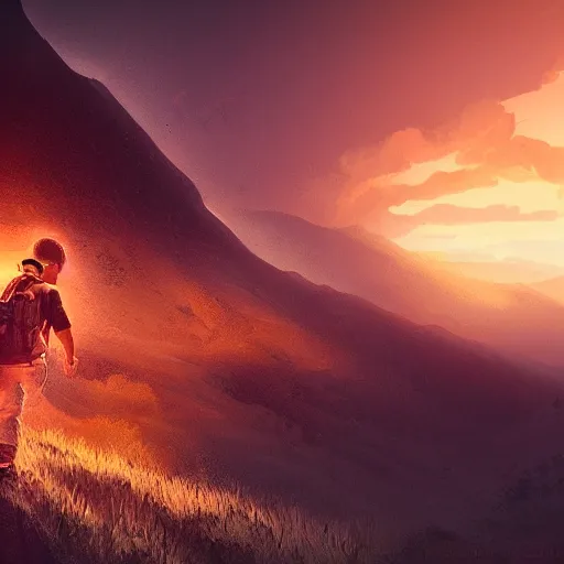 Prompt: a boy with a backpack!!!, beautiful volcanic landscape, dramatic lighting, cinematic, establishing shot, extremly high detail, photorealistic, cinematic lighting, post processed, concept art, artstation, matte painting, style by greg rutkowsky