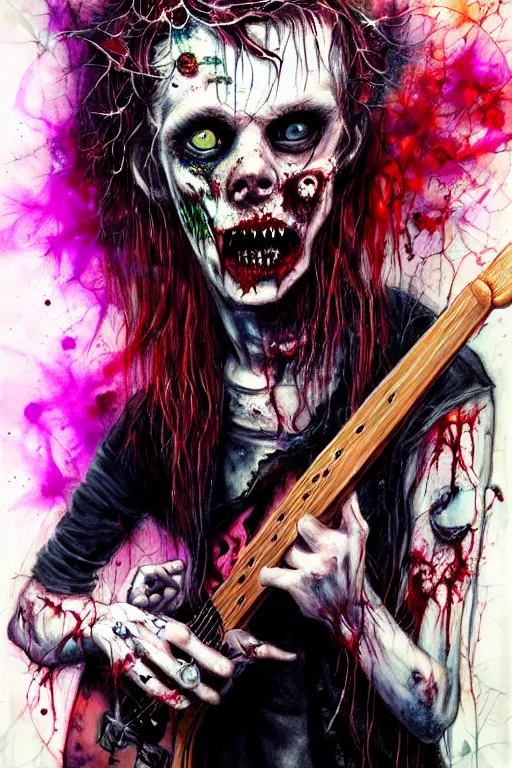 Image similar to zombie punk rocker playing guitar by agnes cecile, brian froud, intricated details, 3 / 4 view, full body portrait, extremely luminous bright design, horror, pastel colours, toxic drips, autumn lights