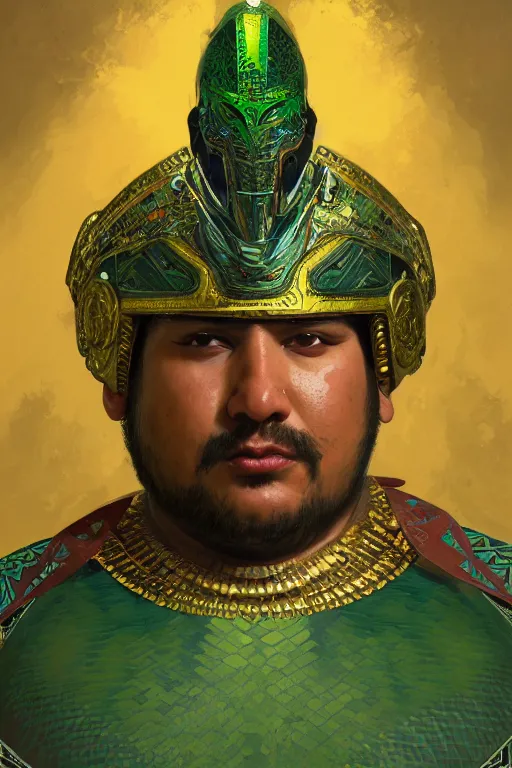 Prompt: fullbody portrait of a beautiful aztec fat male warrior, snake helm, squared beard, rich cerimonial mantle, d & d character, aztec decorated throne background, by greg rutkowski and alphonse mucha, hyperealistic, gradient green to gold, highly detailed portrait, digital painting, concept art, smooth, sharp focus illustration, artstation hq