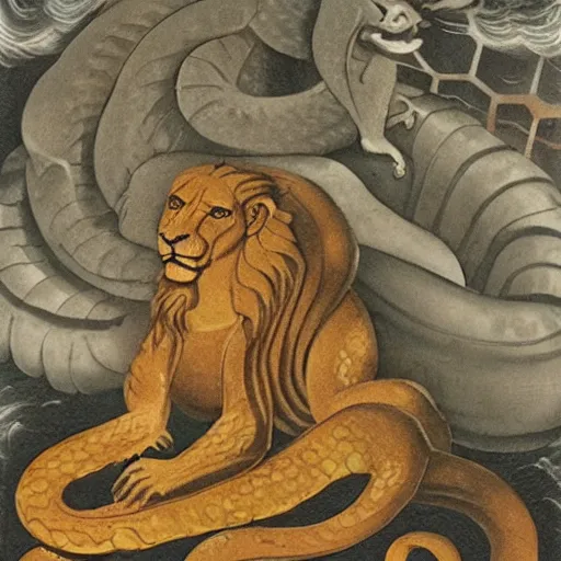 Prompt: the scaly maned serpentine lion-faced demiurge aquatint giotto