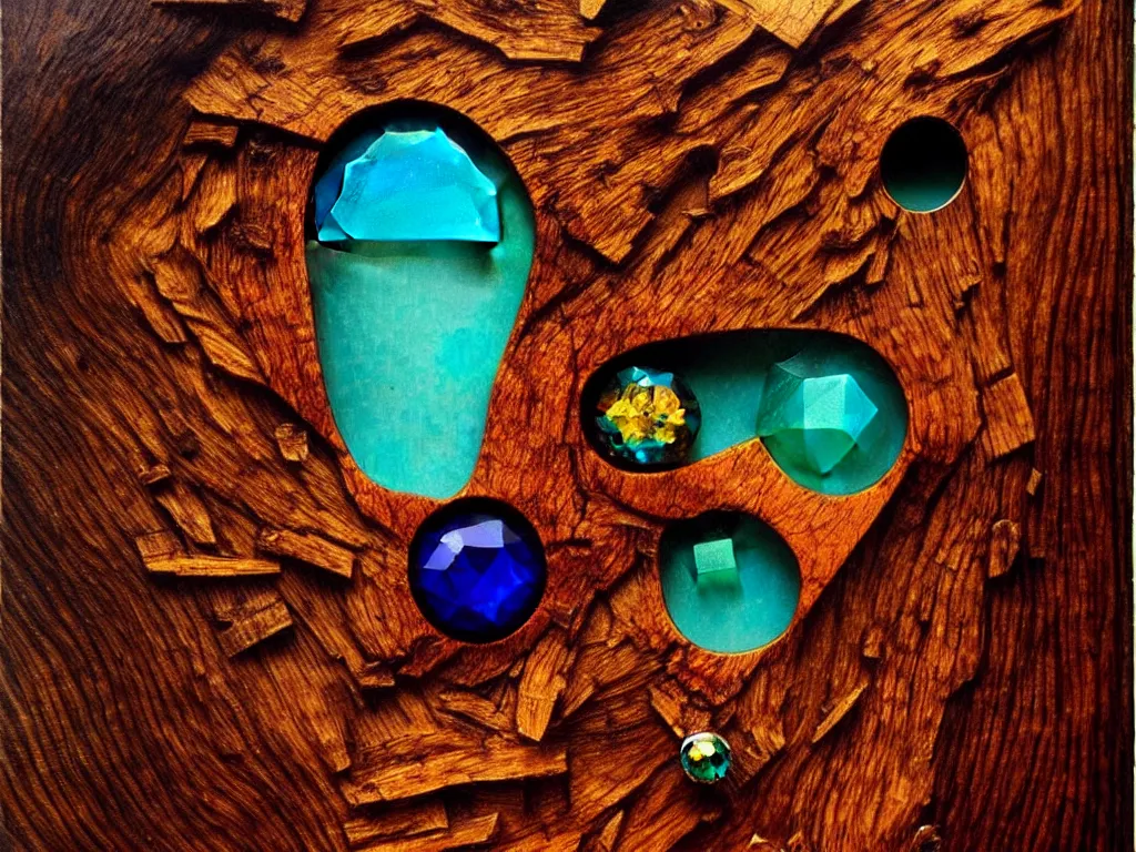 Image similar to gemstones embedded in wood, trending on deviantart, neo surrealism, sharp focus, octane, masterpiece, art by max ernst