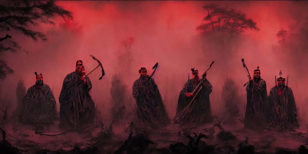 Image similar to 3 ancient chinese generals with chinese peking opera masks singing with guitars, the background is misty forest, full of red and black swirling smoke, harry potter, death eaters, dementors, craig mullins, albert bierstadt, greg rutkowski, tarkovski, realistic, highly detailed, artstation, early morning, atmospheric, aestetic, moody