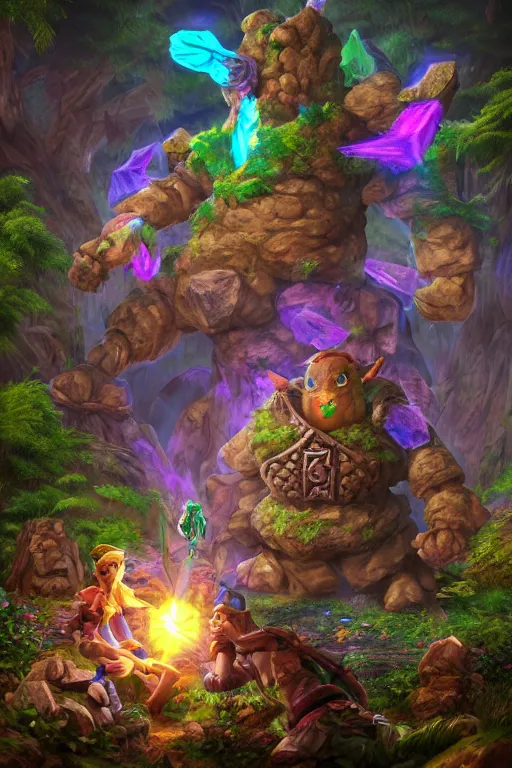 Image similar to zelda fantasy art giant golem elemental wood rock greeble gemstone enchanted forest troll, global illumination ray tracing hdr fanart arstation by sung choi and eric pfeiffer and gabriel garza and casper konefal bastion forged hardmesh lisa frank zbrush central radiating a glowing aura global illumination ray tracing hdr volume light