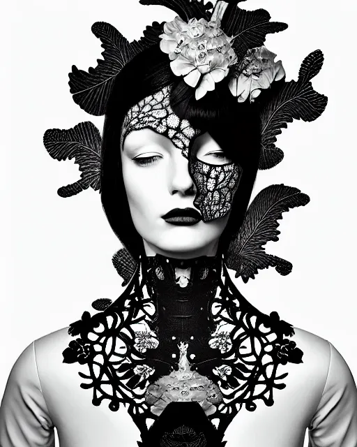 Image similar to black and white masterpiece profile portrait painting, dutch masters, silver lace floral steampunk biomechanical beautiful one techno eye young female cyborg, big monocular, volumetric light, leaves foliage and stems, hibiscus flowers, by cecile beaton, rim light, big gothic fashion pearl embroidered collar, 8 k