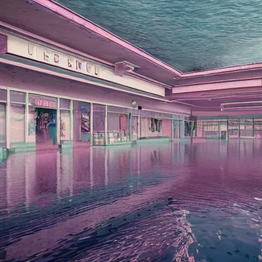 Image similar to abandoned shopping mall underwater, pastel colors in the style of wes anderson, insanely mystical, hyper realistic, extremely detailed, concept art, trending on artstatoon, atmospheric, 8k, octane render, unreal engine