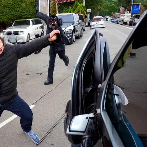 Prompt: paparazzi photo of Leonardo DiCaprio robbing a small business, wide angle, fisheye, uhd, 8k, award winning,