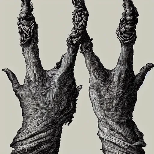 Prompt: the withered hand, a rotting severed hand, 5 fingers | black and white detailed art-piece | baroque artstyle |