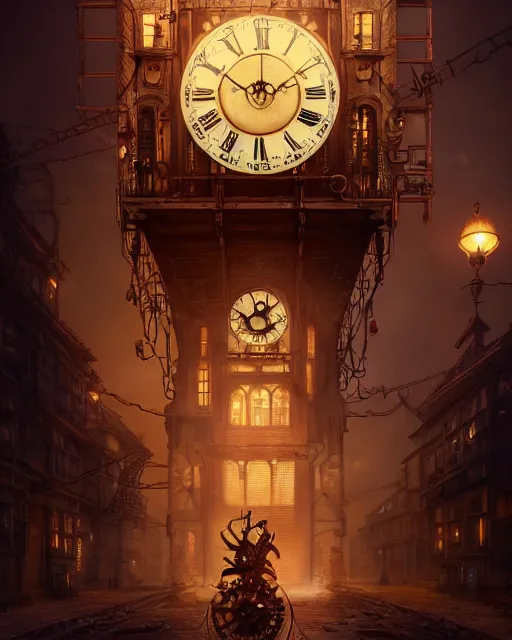 Prompt: steampunk clock tower portrait, steampunk city, intricate steampunk gears, complex 3 d render by ilya kuvshinov, peter mohrbacher, greg rutkowski, ryohei hase, dramatic lighting, intricate, highly detailed, sharp focus, luminous, unreal engine, blender, deviant art, artstation, masterpiece, ray tracing