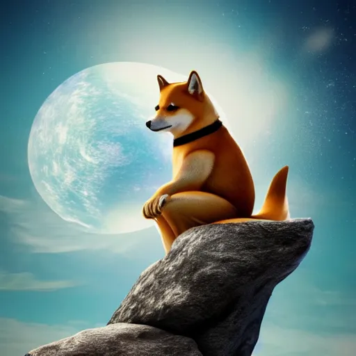 Prompt: A Shiba inu monk sits on a rock and fly through space and time, Artstation