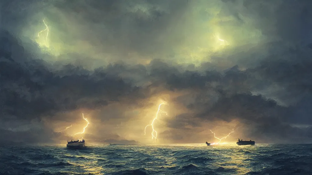 Prompt: small boat in foreground, giant big monster in the background, lightning in background, intricate, detailed, volumetric lighting, sharp focus, scenery, photorealism, digital painting, highly detailed, concept art, ruan jia, steve mccurry