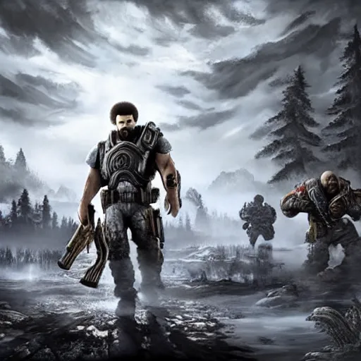 Image similar to Portrait of Bob Ross in Gears of War, gloomy unreal engine 5 render