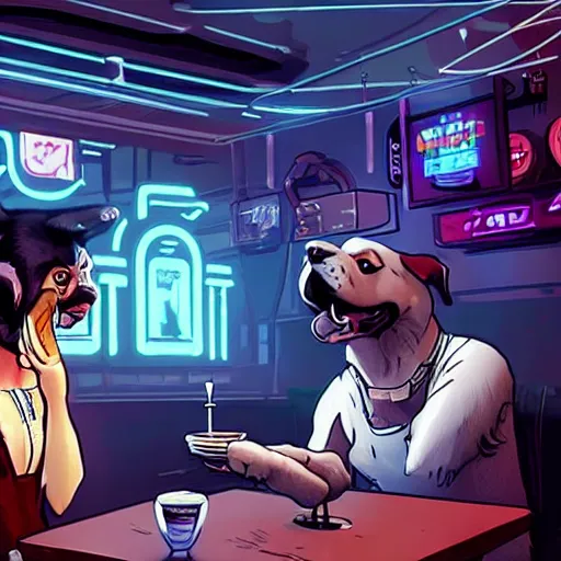 Prompt: dog eating a sandwich in a bar on an alien planet, cyberpunk