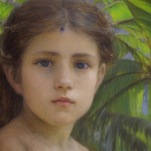 Image similar to a ultradetailed beautiful painting of a girl in the amazonas palace balustrade designed by jules bastien - lepage, hans belmer, frank weston and gustave baumann, beach, trending on artstation, mediterranean, palm trees, detailed face, sharp focus, soft light, 8 k 4 k