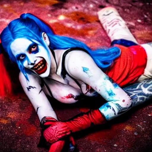 Image similar to a criminal photography taken of a dead harley quinn from suicide squad laying on the ground, blood is pooling under her, at night, super realistic.