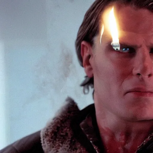 Image similar to arthas menethil as the american psycho, cinematic still