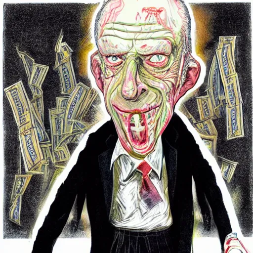 Image similar to Jacob Rothschild full body shot, dollar bills Body horror, biopunk, by Ralph Steadman, Francis Bacon, Hunter S Thompson