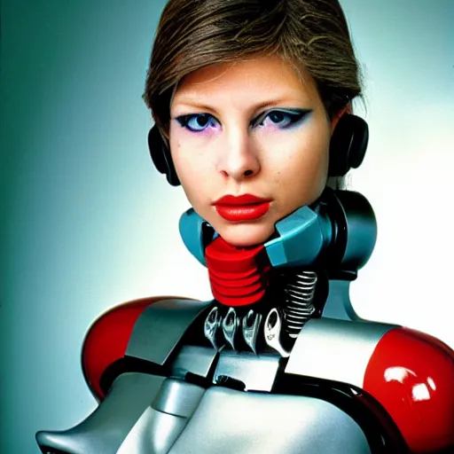 Prompt: portrait photo of a beautiful female cyborg. 1980s.