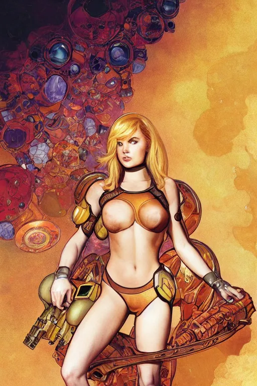 Prompt: samus aran metroid : : kate upton body : : christina hendricks : : portrait : : full body : : decadent highly - detailed digital artwork : : art by mucha and rutkowski, artstation, master prime lenses, cinematic