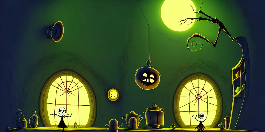 Image similar to curved perspective digital art of a kitchen without windows lights off from tim burtons nightmare before christmas by petros afshar