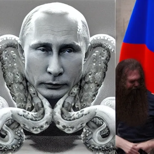 Image similar to vladimir putin, with octopus tentacles sitting in an old roman bathhouse