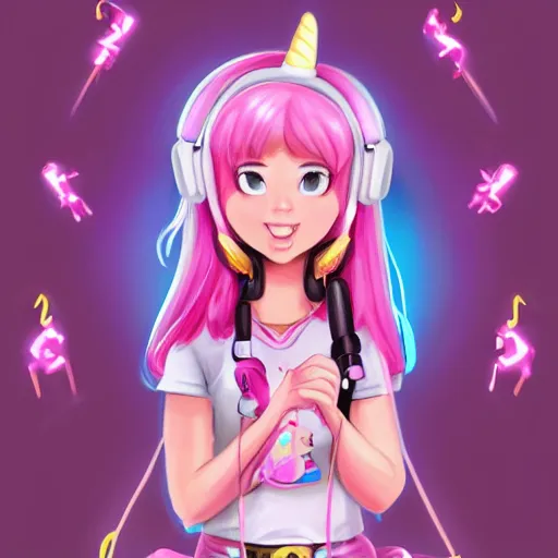 Image similar to very very very beautiful pink gamer girl wearing headphones with a unicorn horn coming out of her head standing in a pink girls room, full body portrait, eye contact, smiling, perfect face, perfect body, extreme long shot, drawn by artgerm