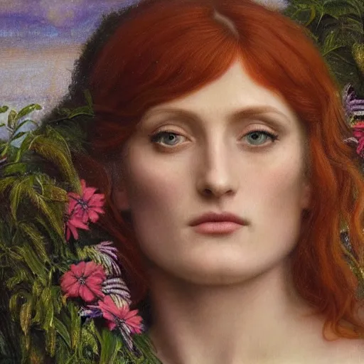 Image similar to Florence Welch as a Pre-Raphaelite goddess of nature in the style of John William Godward, close-up portrait, in focus, flowers and plants, moody, intricate, mystical
