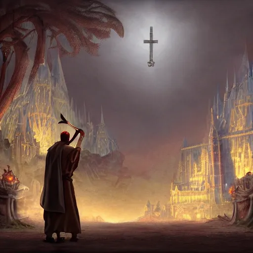 Prompt: an extremely detailed matte painting of a horned demon cleric preaching in a fantasy city, tiefling from d & d carrying a large wooden cross, fantasy, dressed in a catholic priest's cassock made of mithril, fantasy tavern background, 4 k, artstation, detailed, realistic, by hayao miyazaki