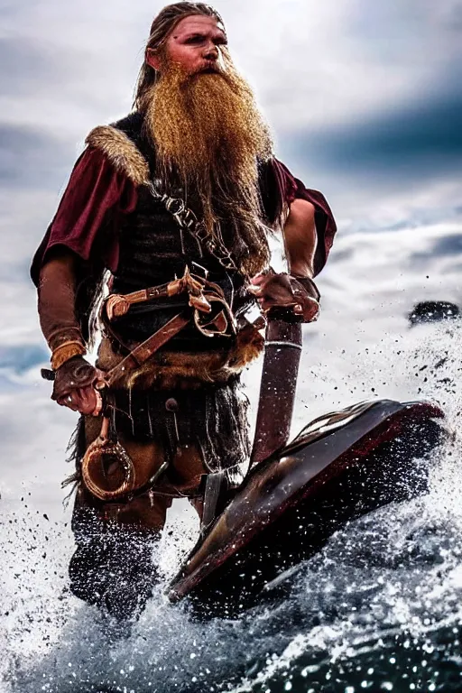 Image similar to old vintage full body photo of ancient viking warrior with full beard on the complex complex steam punk jet ski with antigravity engine during big viking event, extreme sports photography ,super high speed photography, dynamic photography,symmetrical face, clean face, muscular body, high speed,dirt and grawel in air, lens flares, dust partiles in the air, dramatic lighting, intricate, highly detailed, centered, smooth, sharp focus, sports photography, old photo, black and white, sepia, cinematic lighting, cinematic angle, national geographic