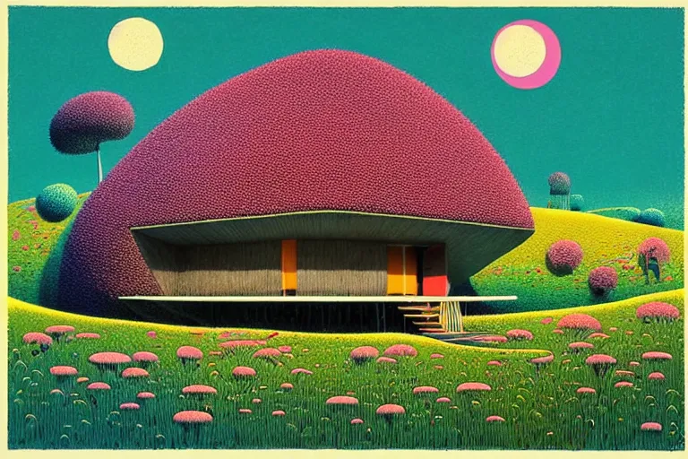 Prompt: surreal glimpse into other universe, house by kengo kuma, summer morning, very coherent and colorful high contrast, art by!!!! gediminas pranckevicius!!!!, geof darrow, floralpunk screen printing woodblock, dark shadows, hard lighting, stipple brush technique,