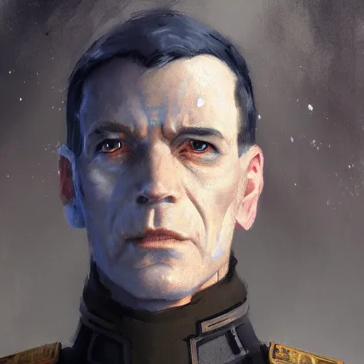 Image similar to portrait of a man by greg rutkowski, great admiral thrawn from star wars, blue skin, short black hair in military style, tall, star wars expanded, universe, he is about 5 0 years old, wearing white colored imperial admiral uniform, artstation hq