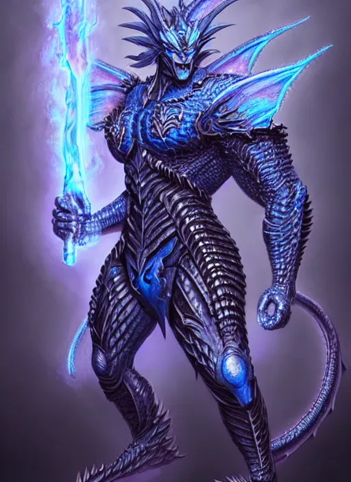 Image similar to muscular and tall blue ghostly fire humanoid dragon!!!! draconian!! intricate ornate iridescent heavy armor!! character concept art, sharp focus, octane render! unreal engine 5! highly rendered!! trending on artstation!! detailed linework!! illustration by artgerm, wlop, and chie yoshii