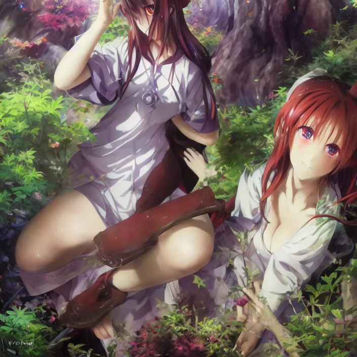 Image similar to Nishimiya Shouko, Schwi Dola, Albedo from Overlord, Mayer Re-l, Japan Lush Forest, official anime key media, close up of Iwakura Lain, LSD Dream Emulator, paranoiascape ps1, official anime key media, painting by Vladimir Volegov, beksinski and dan mumford, giygas, technological rings, johfra bosschart, Leviathan awakening from Japan in a Radially Symmetric Alien Megastructure turbulent bismuth glitchart, Atmospheric Cinematic Environmental & Architectural Design Concept Art by Tom Bagshaw Jana Schirmer Jared Exposure to Cyannic Energy, Darksouls Concept art by Finnian Macmanus