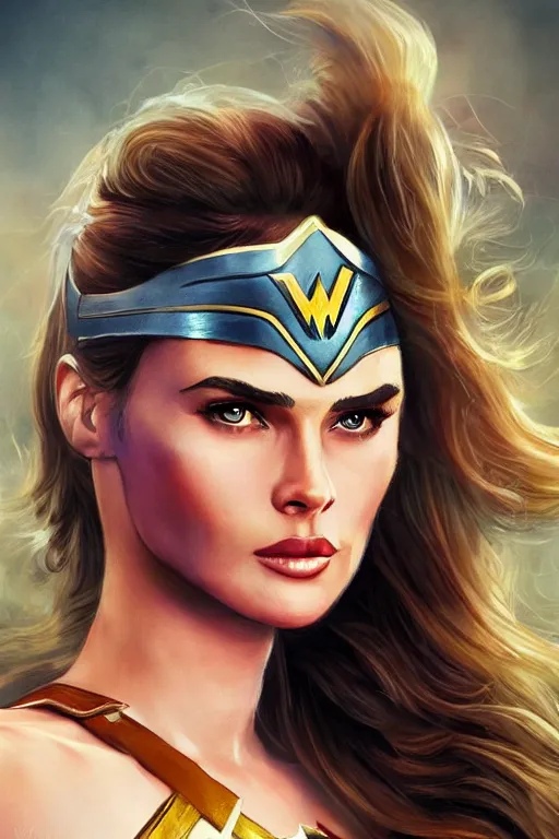 Prompt: portrait of a mix of beautiful young maria shriver, mariel hemmingway, brooke shields and elle macpherson as wonderwoman, thin lips, hair tied up in a pony tail, colorful artstation, cgsociety