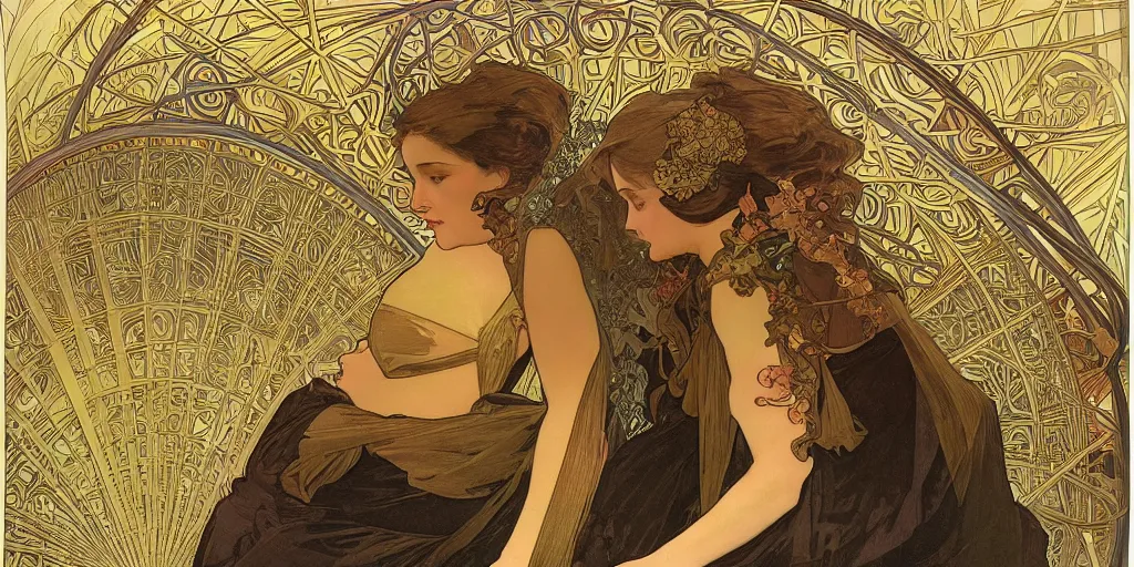 Image similar to knitting gold zaha hadid architecture by alphonse mucha