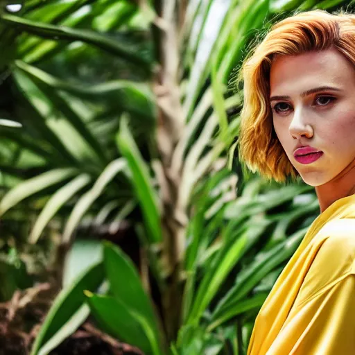 Image similar to head and shoulder portrait medium format photograph of scarlett johansson wearing a yellow kimono in a tropical greenhouse. super resolution. 85 mm f1.8 lens.bokeh.graflex.