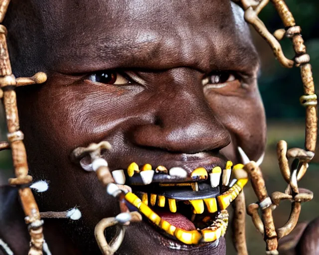 Prompt: zulu tribal warrior made out of teeth, american in a cage