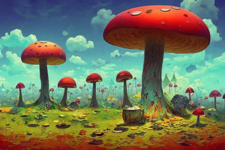 Image similar to surreal mushroom kingdom, floating island in the sky, water pipes in the ground, summer morning, very coherent and colorful high contrast, art by!!!! gediminas pranckevicius!!!!, geof darrow, dark shadows, hard lighting