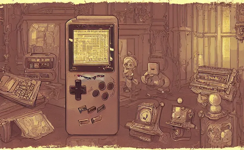 Prompt: 1 6 0 0 s gameboy, baroque, james gilleard, print, game art