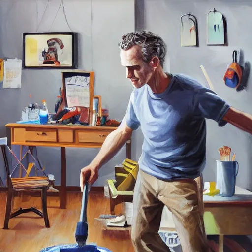 Image similar to painting of jordan peterson cleaning his messy room in the style of award winning artstation