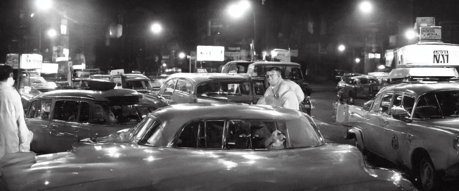 Prompt: detailed sharp photograph in the style of popular science circa 1 9 5 5 and gregory crewdson of close up of an overweight taxi driver in his cab at night