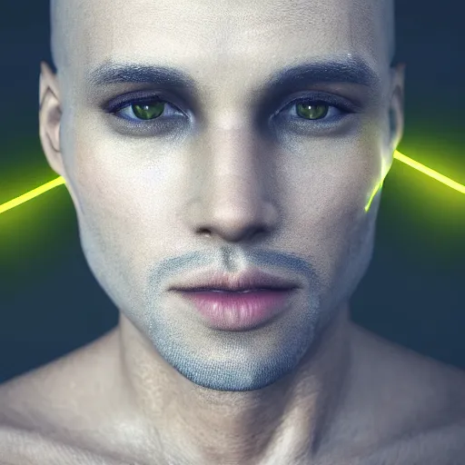 Image similar to profile of a beautiful! male with bionic eye!, neon glow, ultra realistic HD 8K raytracing, octane rendered dark background